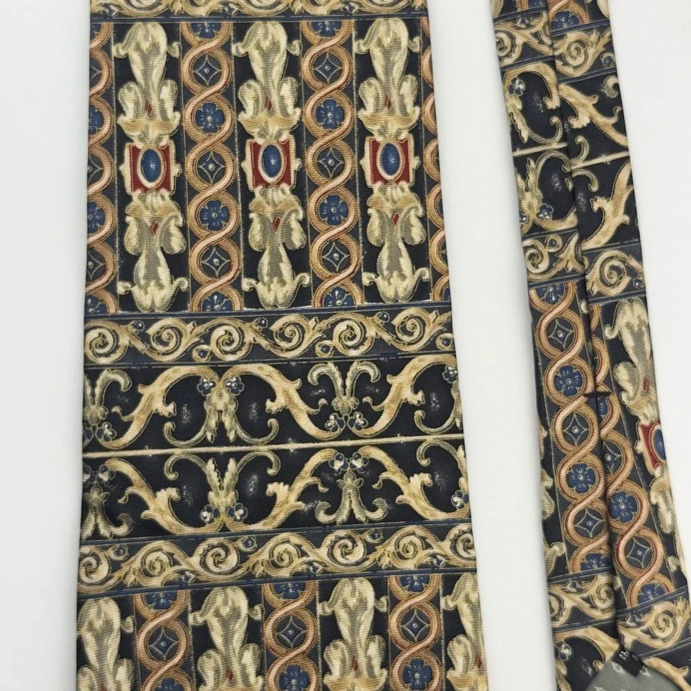 Monsieur Givenchy Silk Tie Navy‎ Gold Baroque Scrollwork Vintage Made in USA